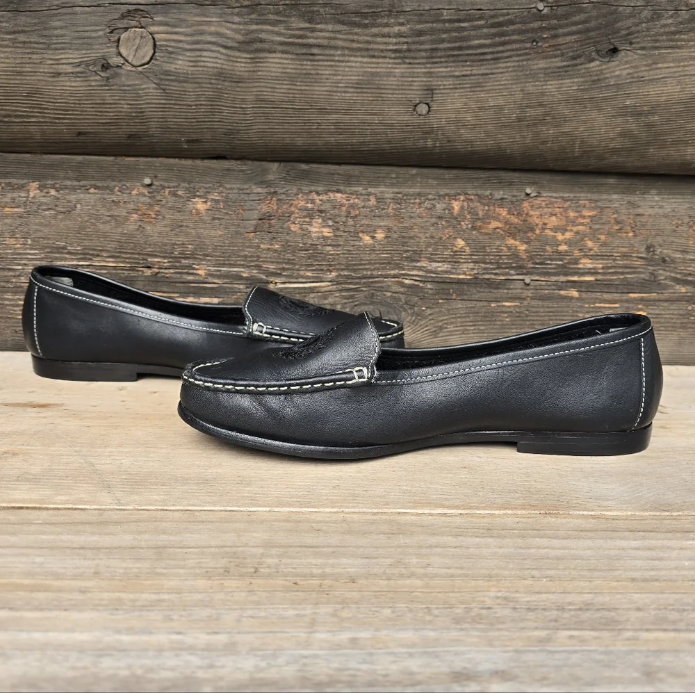 Liz Claiborne 90s Preppy Minimalist Black Leather Crest Comfort Loafers 8.5M